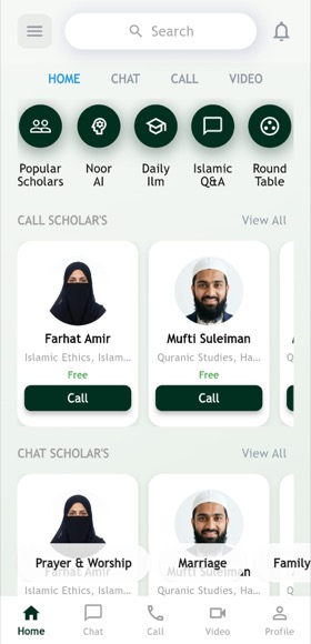MuftiTalk app home screen showing scholar listings and quick actions