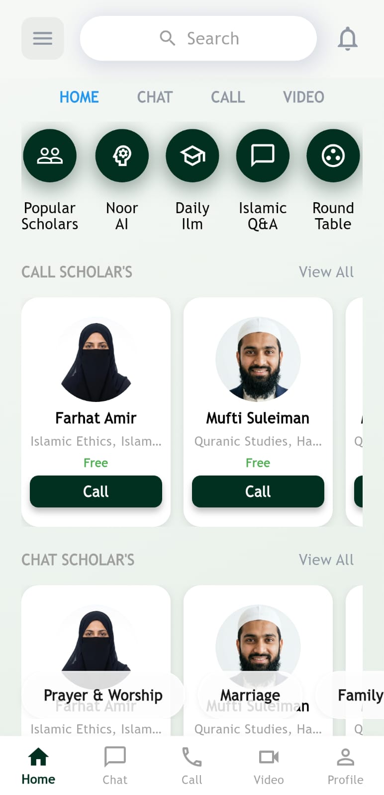 MuftiTalk app home screen showing scholar listings and quick actions